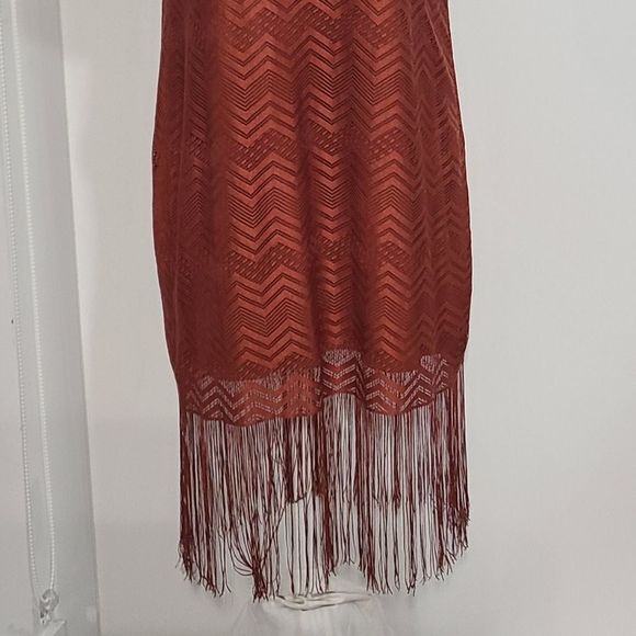 Amisu Dark Orange Zigzag Tassel Dress with Fringe Bottom. - Picture 4 of 5
